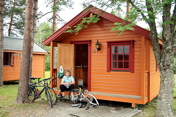 Janet on the porch of our cabin in Namsos